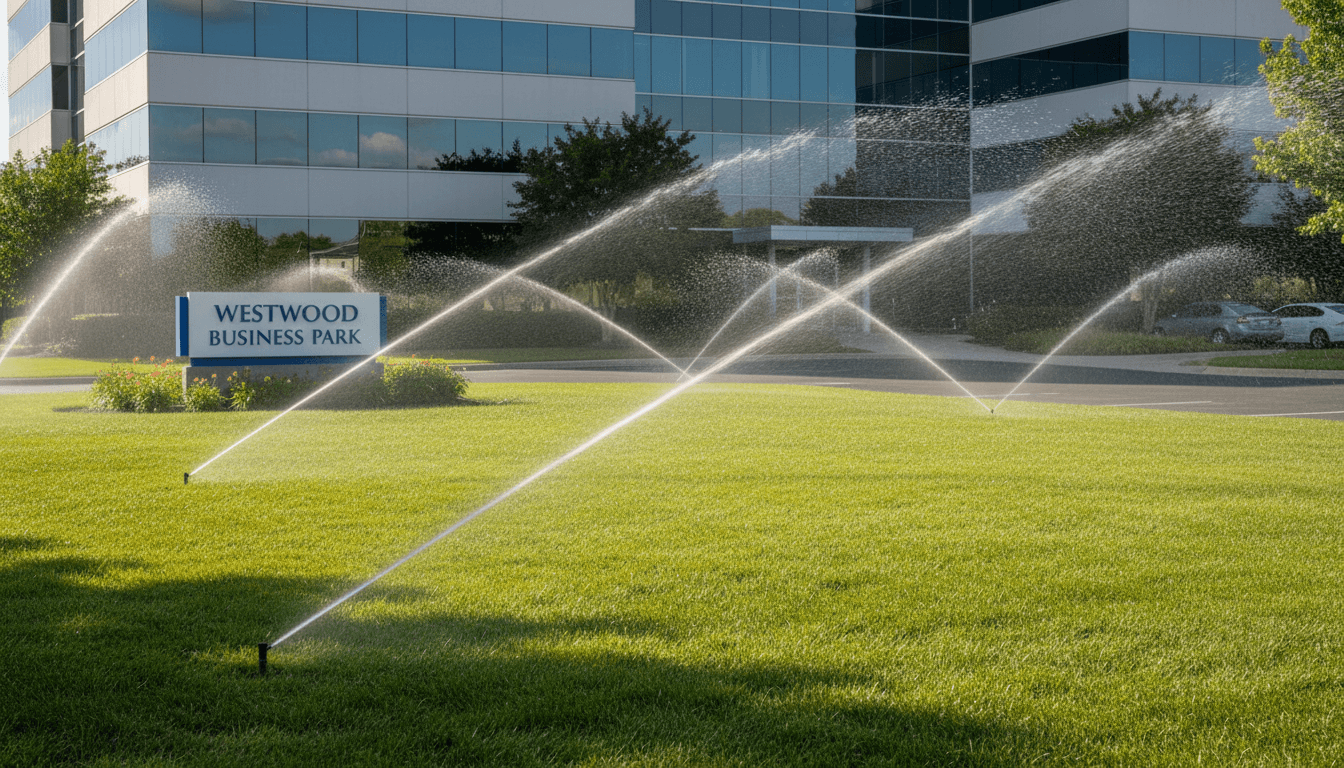 Irrigation sprinklers running at a commercial job site