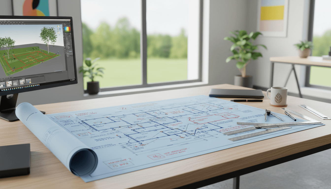 Engineering workspace showing septic system design blueprints, technical documents, surveying tools, and CAD software on desktop
