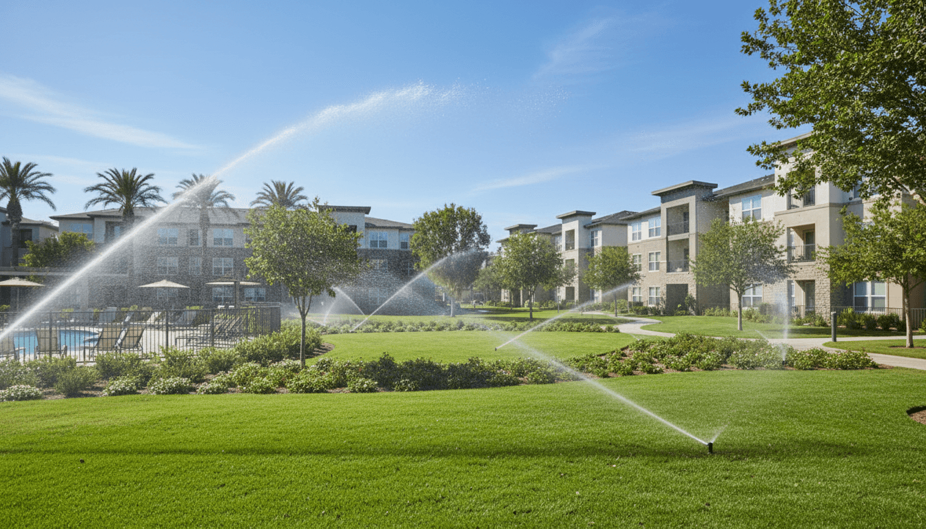 Sprinklers running on a commercial property