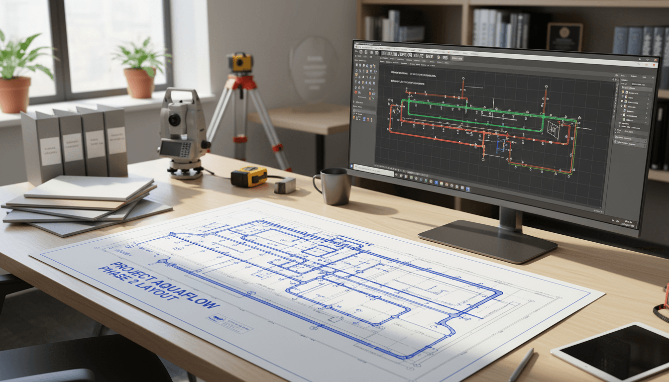 Engineering workspace showing septic system design blueprints, technical documents, surveying tools, and CAD software on desktop