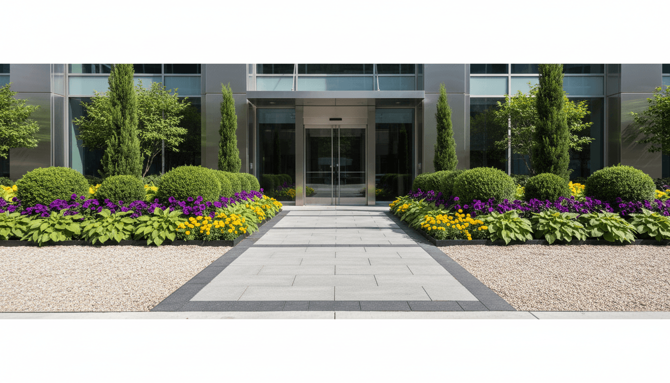 Commercial building entrance with neat hedges and pop-up sprinklers along the walkway