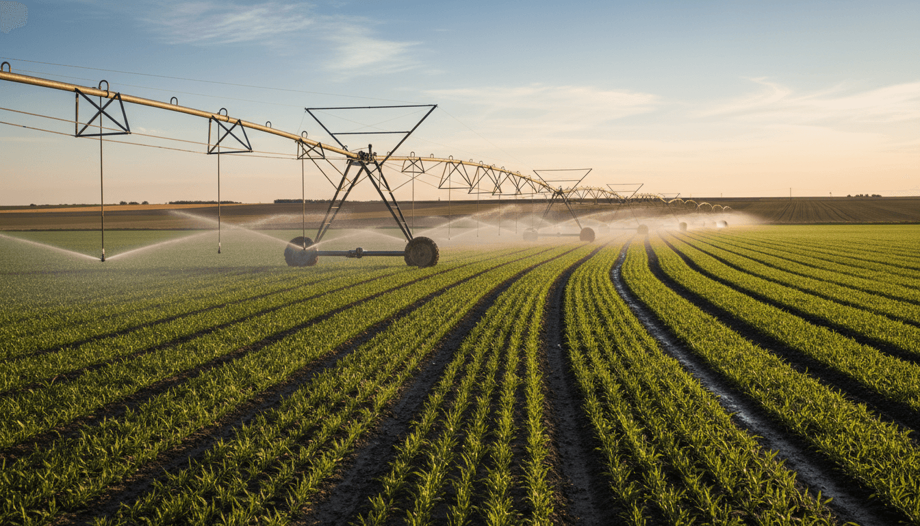 Commercial irrigation system watering a landscaped lawn