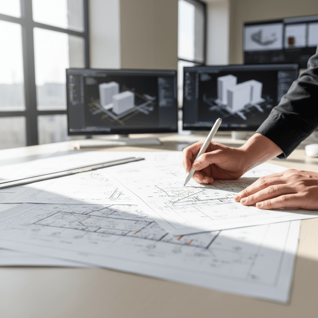 Engineer's hands reviewing detailed CAD blueprints and infrastructure design drawings on a bright drafting table