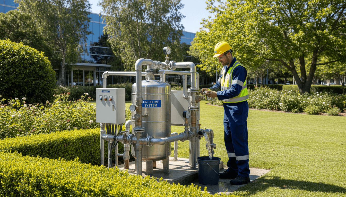 Irrigation sprinklers watering a green lawn at a commercial property