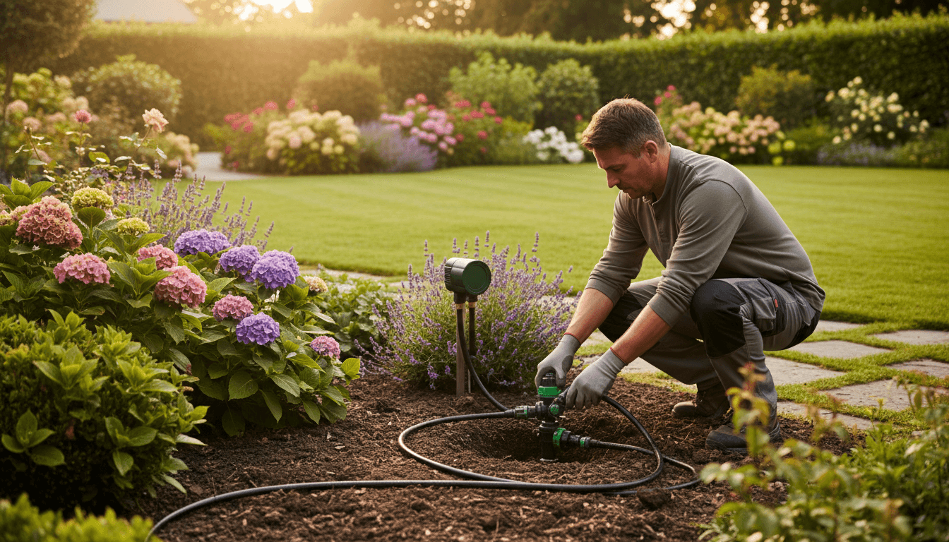 Irrigation system watering landscaped plants at a commercial property in daylight