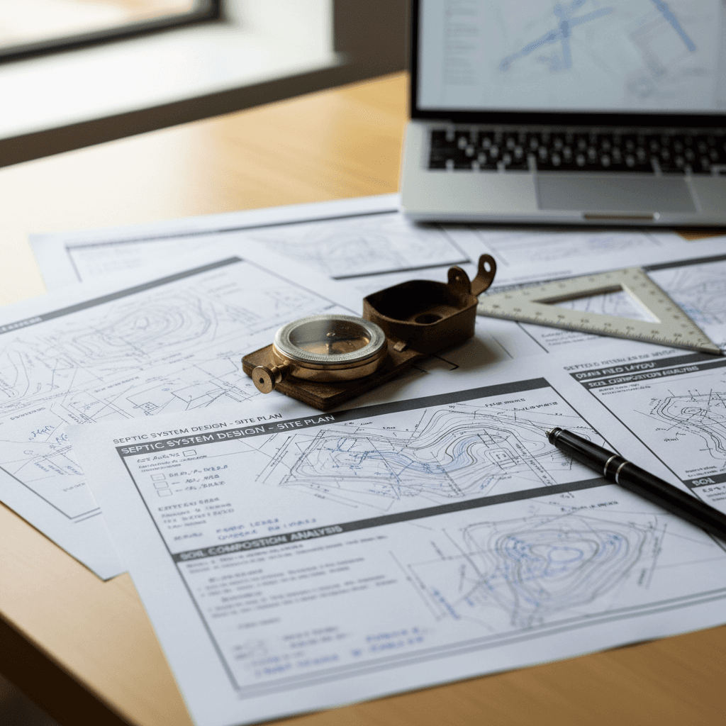 Rolled blueprints and CAD drawings spread on a desk beside a computer showing irrigation design software