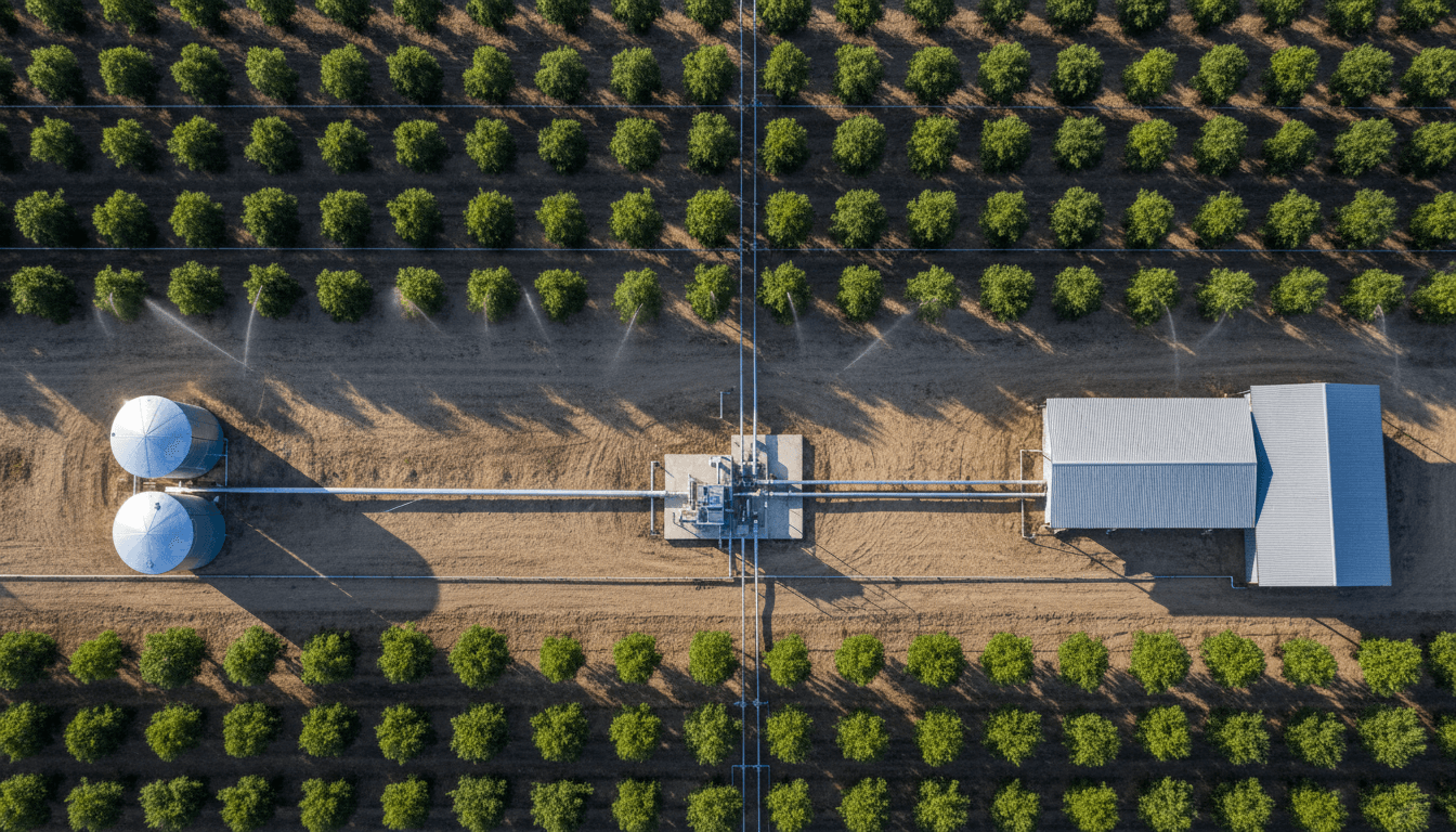 Aerial view of a commercial property with irrigation sprinklers running across landscaped areas