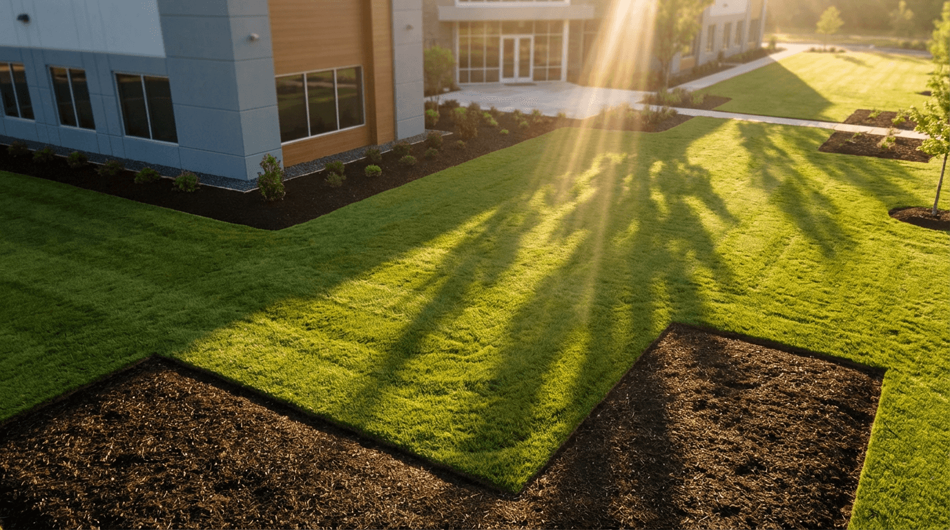 Sprinkler heads watering a manicured lawn at a commercial property in warm evening light