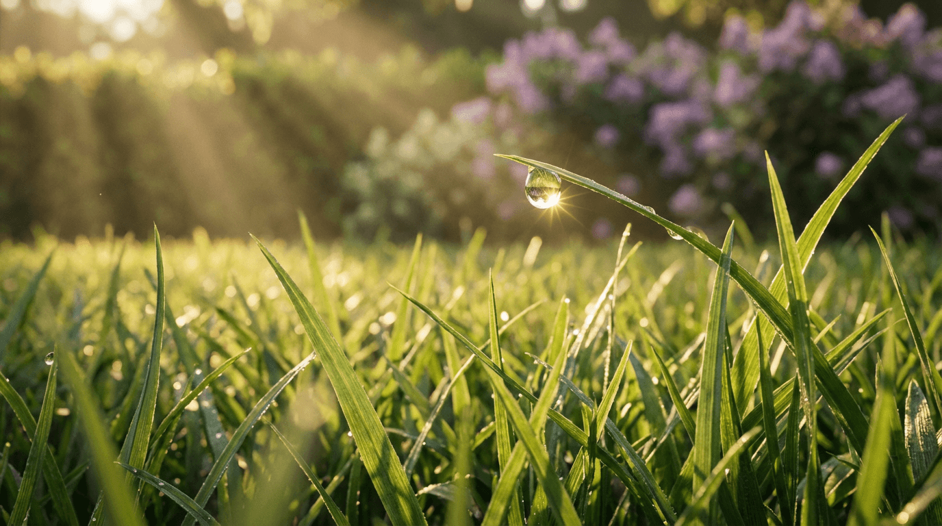 Close-up of dewy grass blades in sharp focus with blurred green hedge background and golden morning light.