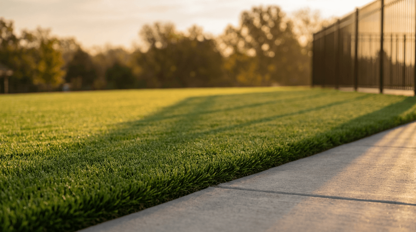 Sprinklers running across a green lawn at a commercial property