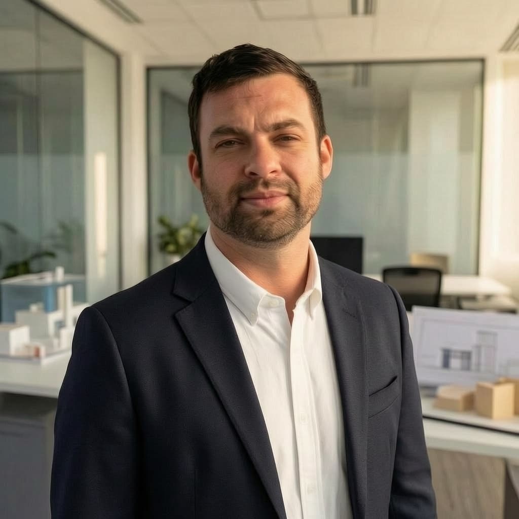 Bearded man in a navy blazer and white shirt posing in a bright office.
